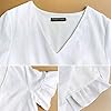 FANCYINN Womens White Cute Shift Dress Short Bell Sleeve Ruffle Hem V Neck Loose Swing Tunic Mini Dress with Pockets M