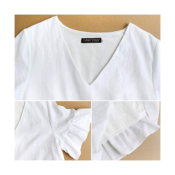 FANCYINN Womens White Cute Shift Dress Short Bell Sleeve Ruffle Hem V Neck Loose Swing Tunic Mini Dress with Pockets M