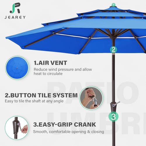 Image of JEAREY 9FT 3 Tier Patio Umbrella Outdoor Market Umbrella Table Umbrellas with 8 Ribs 1.5 Pole Push Button Tilt and Crank UV Protection for Garden,Royal Blue