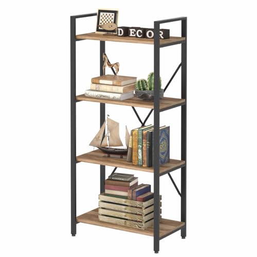 BON AUGURE Industrial 4 Tier Bookshelf, Modern Open Shelving Unit Book Shelves, Heavy Duty Etagere Bookcase, Wood Metal 4 Shelf Book Case for Office, Living Room and Bedroom (Vintage Oak)