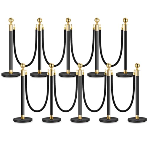 Barrière de sécurité Garvee lot de 10 poteaux en acier inox doré et cordon velours noir 1,5 m