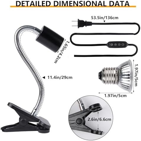 REPTI HOME Reptile Heat Lamp, Reptile Heat Lamp Clamp with 360° Rotatable Hose and Timed for Reptiles Lizard Turtle with 2 Pack 50W Heat Bulbs - 4