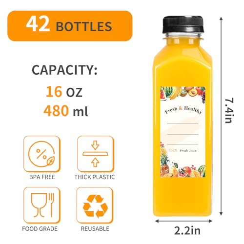 Moretoes 42pcs 16 oz Plastic Juice Bottles with Caps, Refrigerator Juice Container with Lid, Reusable Container and Clear Beverage Bottle Can Hold Homemade Juice, Smoothies, Milk