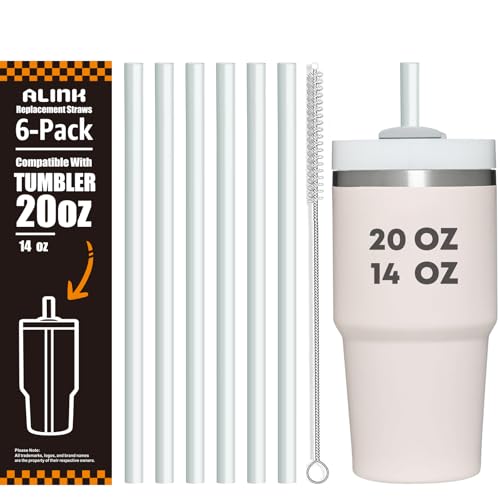 ALINK Clear Replacement Straws for Stanley 20oz 14oz Tumble, 6 Pack Reusable Straws for Stanley Quencher 20oz 14oz Cups with Cleaning Brush, Dishwasher Safe and BPA Free