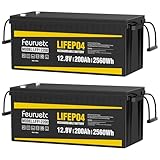 Feuruetc 12V 200Ah Lithium LiFePO4 Battery, Built-in 200A BMS, 2560Wh Energy Storage, Iron Phosphate 8000-15000 Deep Cycles Battery for Solar, Trolling Motor, RV（2pc）