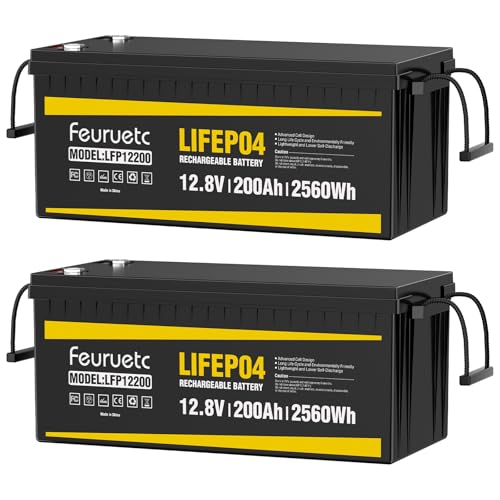 Feuruetc 12V 200Ah Lithium LiFePO4 Battery, Built-in 200A BMS, 2560Wh Energy Storage, Iron Phosphate 8000-15000 Deep Cycles Battery for Solar, Trolling Motor, RV(2pc)