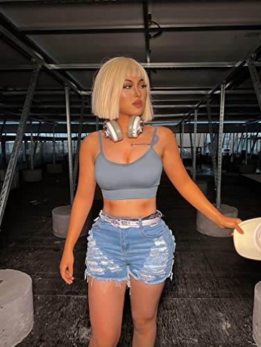 Oqq Women's 3 Piece Cami Crop Top Ribbed Seamless Removable Cups Workout Exercise Sports Bra, Black Grey Beige, Small #TOP2