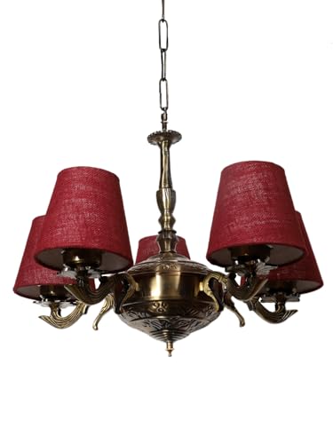 Image of Devansh 05 Lights Maroon Jute conical Shade with Antique Golden Chandelier