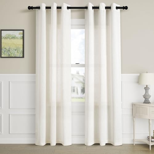 Ivory Linen Curtains 84 Inch Length 2 Panels Set for Living Dining Room Grommet Flax Cotton Drape Boho Farmhouse Neutral Semi Sheer Curtains for Bedroom Sliding Door Birch Cream 38x84 Inches Long