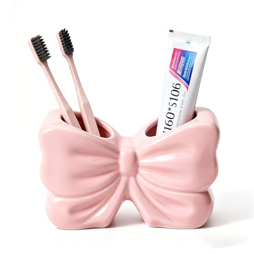 Bow Toothbrush Holder 2-Slot Cute Bowtie Shaped Ceramic Bathroom Counter Organizer for Electric Toothbrushes Toothpaste Floss and Razors Bathroom Decor Accessories Pink