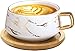 Produktbild VETIN Cappuccino Tassen mit Unterteller, Tasse Marmor, 300 ml Espressotassen aus Porzellan für Tee Kaffee Cappuccino, Kaffee-Tassen mit Holzscheibe (Weiß)