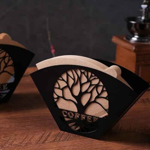 Homeponnew Elegante soporte para filtro de café con decoración del árbol de la vida, caja de almacenamiento vertical de hierro para toallas de papel, filtros y cápsulas, color negro