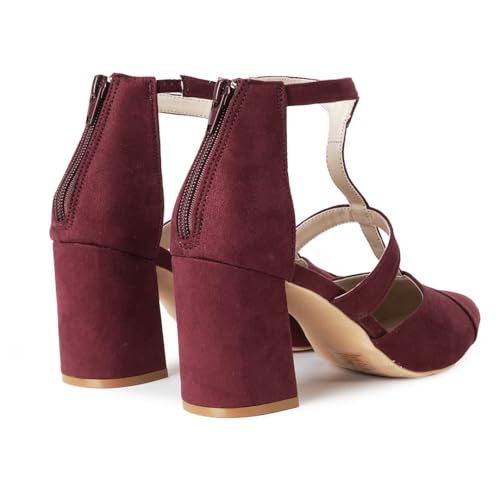 J. Adams Michelle Women's Chunky Block Heel Pointed Toe T-Strap Dress Shoes - Elegant Suede Pumps for Office & Party3