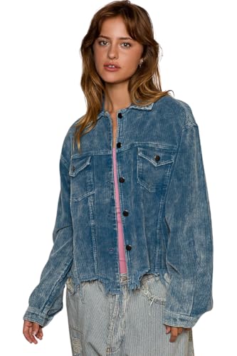 POL Clothing Women's Vintage Corduroy Jacket, Midnight Blue, Ripped Denim with Fringe Sleeves
