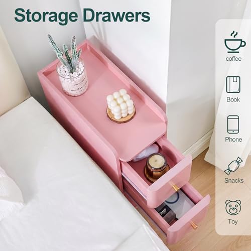 Image of FurSch Narrow Nightstand, Wooden 2 Drawer, Slim Side End Table, Pink, 1 pc