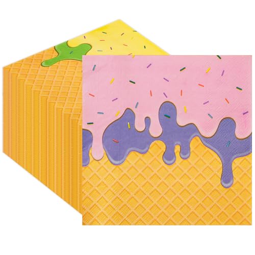 50PCS Ice Cream Summer Paper Napkins - Folded 6.5 x 6.5 Inches Luncheon Napkins Disposable Double-Sided Dinner Napkins for Birthday Baby Shower Summer Party Decorations