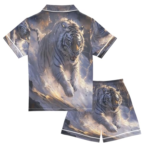 ALAZA Tiger Animal Sky Satin Pajamas Set Short Sleeve Button Down Sleepwear Summer Pjs 2 Piece2