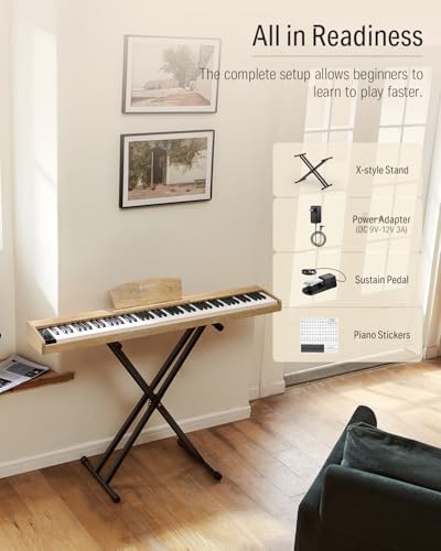 Image of Donner DEP-1S Piano Keyboard 88 Keys, Beginner Digital Piano with 88 Key Velocity-Sensitive Keyboard, Record, Bluetooth, Chord, Bundle With Piano Stand, Piano Stickers, Sustain Pedal, Natural