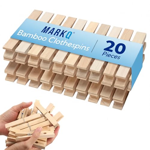 MARKQ Bamboo Wooden Clothespins Heavy-Duty Steel Springs for Durable Windproof Grip Ideal for Laundry Drying & Home Organization Eco-Friendly Natural Wood Pack of 20