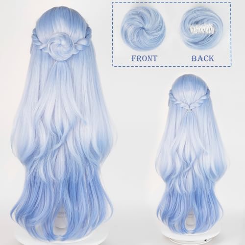 Image of Anime Blue Wigs with Bangs Women Long Wave Wig with Braid and Bun Robin-Bird Style Cosplay wig Halloween,Christmas,Comic con,Game Show,Carnival