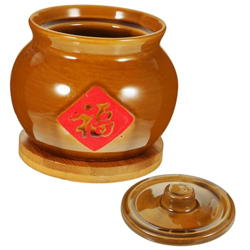 Mipcase 陶器製で丈夫な蒸し料理用スープボウル 蓋付き一人用小?? 古色の実用的な家用スープ鍋と竹敷物付き