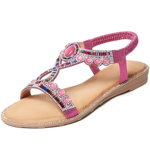 Image of iCKER Womens Rhinestone Strappy Flat Sandals Elastic Ankle Strap Open‑Toe | Sparkling,for wedding,party,evening dates,special occasion,Vacation,Formal