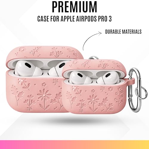 Image of Emoh Roced Case for Airpods Pro 3,Silicone Flower Engraved Cases Compatible with Apple AirPods Pro 3rd Generation 2025, Shockproof, Anti-Scratch, Protective Case Cover (Pink, for AirPods pro 3)