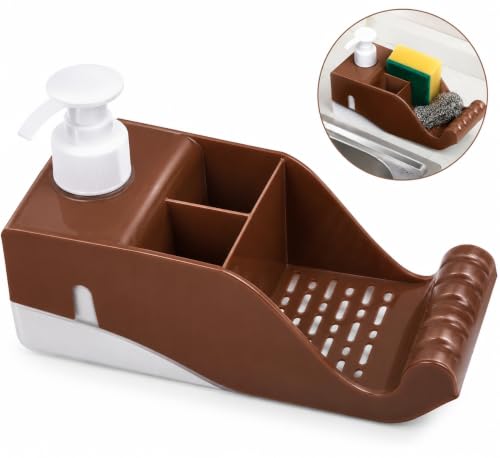 Image of FreshDcart 3-in-1 Soap Dispenser | Toothbrush Holder & Sink Organizer Stand | Multipurpose Bathroom and Kitchen Countertop Storage Caddy | Brown