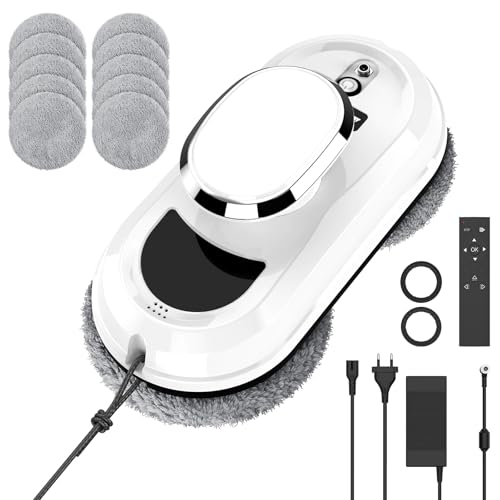 Robot Limpiacristales, 5600Pa Robot Limpia Cristales Ventanas con 3 Rutas de Limpieza, Detección Inteligente de Marcos, 4m Cuerda de Seguridad, Control Remoto, 10 Almohadillas de Microfibra