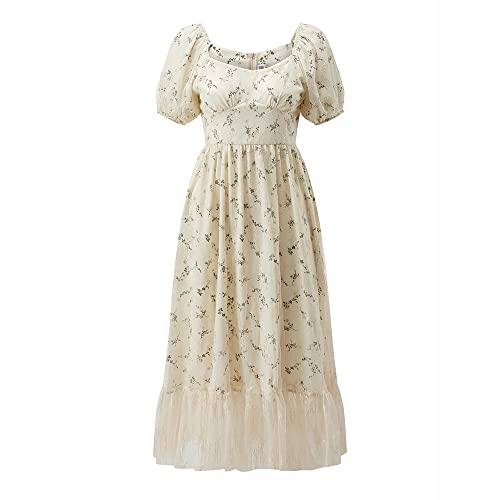 Women Vintage Lace Cottagecore Dress Short Puff Sleeve Hollow Out Floral Embroidery Dress for Casual Wedding Cocktail Party