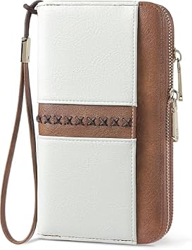 RFID Blocking Genuine Leather Wallet for Men and Women Large Capacity Double Zipper Credit Card Holder Wristlet Clutch Beige&brown