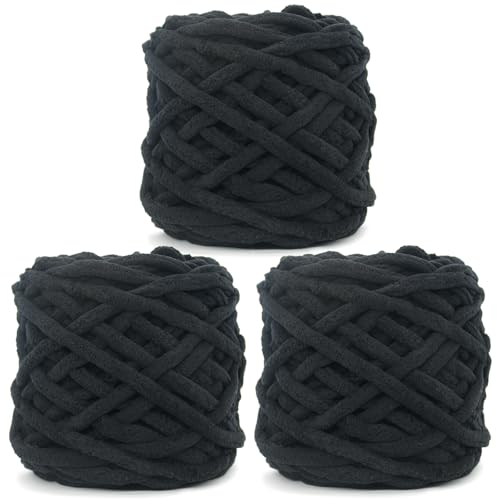 Chunky Chenille Yarn for Crocheting,Black Fluffy Velvet Plush Thick Soft Chunky Chenille Baby Blanket Yarn for Crocheting Knitting Beginners 3 * 100g(Black)