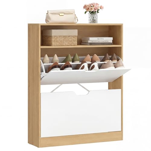 VASAGLE Meuble à Chaussures, Compartiment Ouvert, Séparateur Réglable, 2 Portes Battantes, 24 x 80 x 102 cm, 14 à 16 Paires, pour Petite Entrée, Doré Chêne et Blanc Nuage LBC048YA02