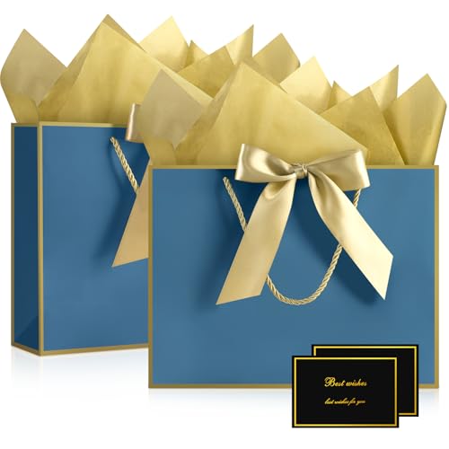 Image of JMANNI Gift Bags with Handles, 13 inch Medium Gift Bag for Presents, 2 Pcs Bags with 4 Tissue Paper and 2 Cards for Baby Shower Wedding Bridal Shower Mother's Day Birthday Party(blue-gold)