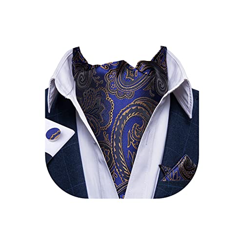 DiBanGu Cravat Ties For Men Plaids Paisley Ascot Scarf Tie with Pocket Square Cufflinks Wedding Party, Blue Black, One size