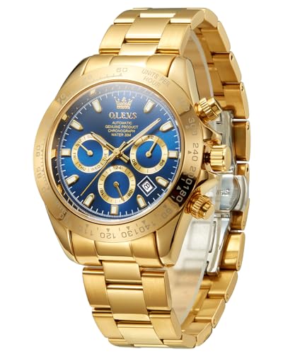 Image of OLEVS Men's Gold Watch Popular, Automatic Winding, Gold Strap, Water Resistant to 3 ATM, Luminous, Calendar, Date, Skeleton, gold-blue, Bracelet Type