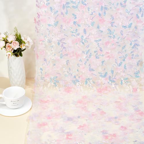 Tulle Brodé de Fleurs Roses 3D Gaze Polyester Couture Robe - 5