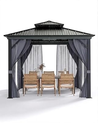 PeacefulHues 10' x 12' Permanent Hardtop Gazebo with Aluminum Frame, Double Galvanized Steel Roof, Curtains and Netting, Outdoor Patio Pavilion for Backyard, Deck, Garden – Gray