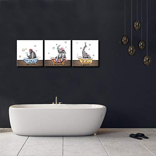 Lovehouse Animal In Bathtub Wall Art 3 Piece Abstract Cute Elephant Gorilla Giraffe Take Bath In Bathtub Picture Canvas Print For Kid Baby Bathroom Ready To Hang 12"X12"X3 Panel #TOP2