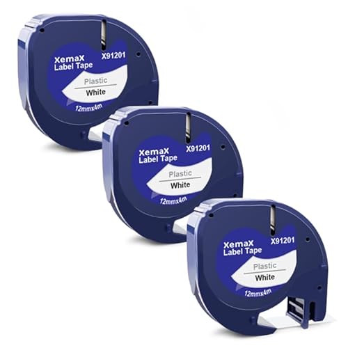 3x XemaX Nastro Etichette Compatibile per Ricarica Letra 12mm x 4m 91221 91201 per Etichette Nastri in Plastica per LT Etichettatrice LT-100H 100T XR XM QX50 2000 200B