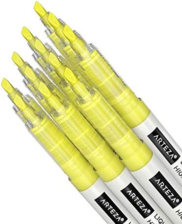 ARTEZA Liquid Highlighter Pens, Set of 12, Narrow Chisel Tip, Bulk Pack of Yellow Highlighters, For Use in Bullet Journal, Notes, or Books