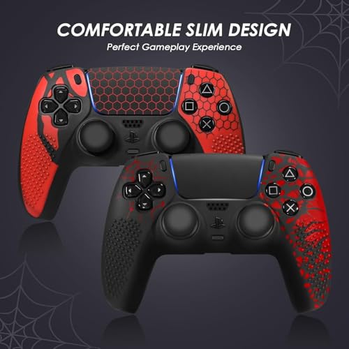 Image of Meyaar Anti-Slip Silicone Cover for PS5 Controller with Thumb Grip Caps & Touchpad Sticker Made for PS5 Controller Only. (Bloodline Black + Honeycomb (2 Pack))