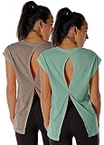 icyzone Open Back Workout Top Shirts - Yoga t-Shirts Activewear Exercise Tops for Women(Pack of 2) (M, Mushroom/Green)