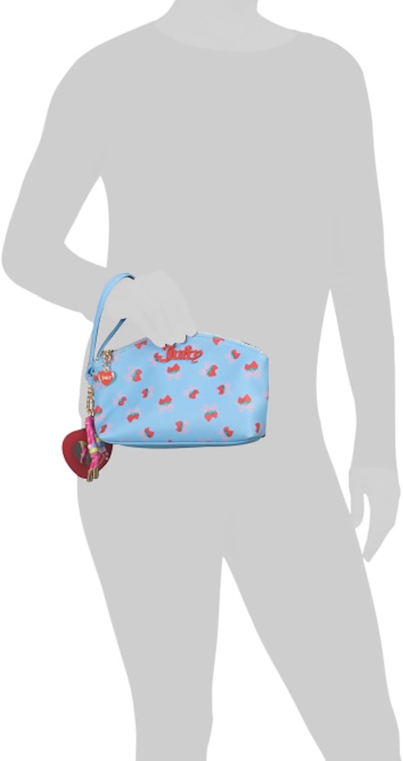 Juicy Couture Medium Sweet Strawberry Pouch, Blue Multi-Colored, Strawberry Bows, 8.5in W x 5.75in H