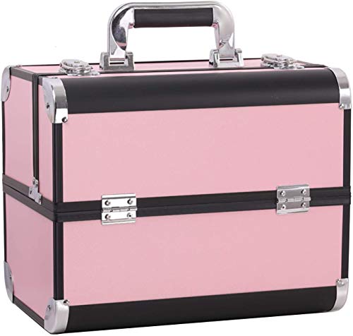 Image of Adson Professional Makeup Box Cosmetics Case Jewelry Organiser Vanity Make Up Storage Box Beauty Train Case Lockable with Keys (Light Pink with Black Corners)