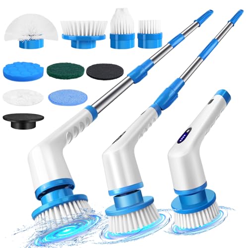Electric Spin Scrubber, 9 in 1 Electric Cleaning Brush with Extension Handle and 9 Replaceable Brush Heads, 380RPM Rechargeable Power Scrubber for Bathroom, Sink, Shower, Kitchen, Floor, Car (Blue)
