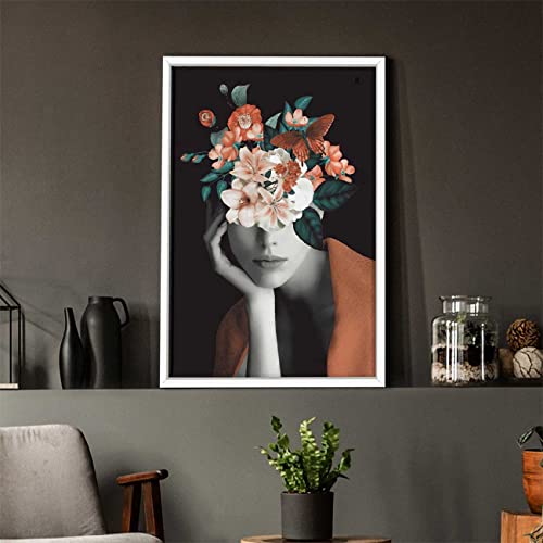 Image of PAINTINGMANTRA Masala Brown Girl & Flower Bouquet White Framed Canvas Print for Wall, Home and Living Room Decoration (Size - 23 x 17 Inchs)