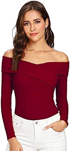 ILLI LONDON Polyester Women's Off-Shoulder Top (Medium, Maroon, Slim Fit)