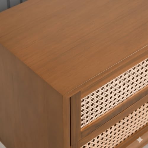 Image of MISAN Boston Solid Wood Bedside Table with Rattan Drawers Mid Century Night Stand for Living Room, Bedroom (G - Hony)