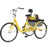 XYJBHB Adult Tricycle Bike 7 Speed, 24/26 Inch 3 Wheel Bikes Tricycle for Adults, Adult Trike for Women/Men/Seniors, Cruiser Bike w/Rear Basket for Shopping/Recreation/Picnic (Yellow, 26inch)